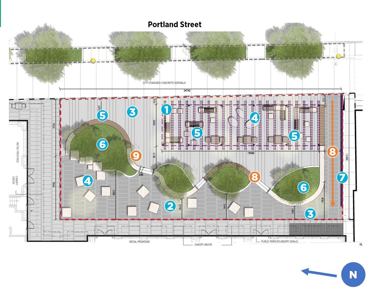 This image shows the proposed concept design for the new park on Portland Street, which will include a large shade structure, informal and formal seating opportunities, new planting areas, and more. A full description list is below.