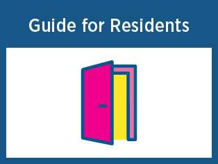 Guide for Residents: graphic of a pink door opening with yellow light shining through 