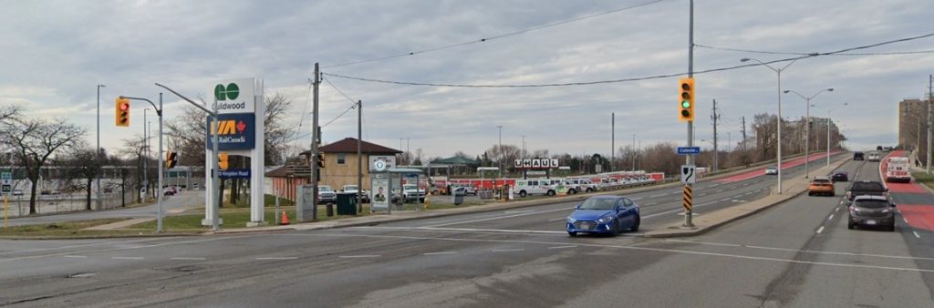 View of Kingston Road and Celeste Dr intersection, with Go Transit and Via Rail station on the South East side