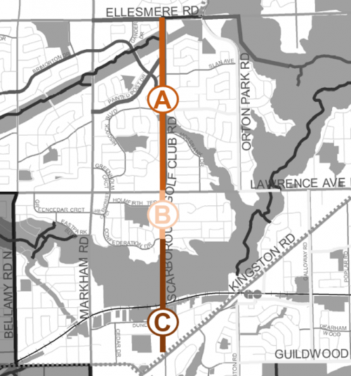 Map of study area on Scarborough Golf Club Road from Ellesmere Road to Lawrence Avenue East. If you require more information and/or clarifications, please call Dominic Cobran at 416-338-2986.