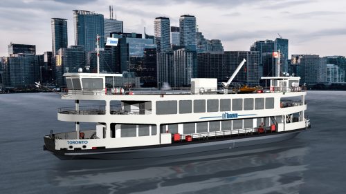 Visual rendering of the proposed full electric Toronto Island ferry. Large, white boat with the Toronto city skyline in behind.
