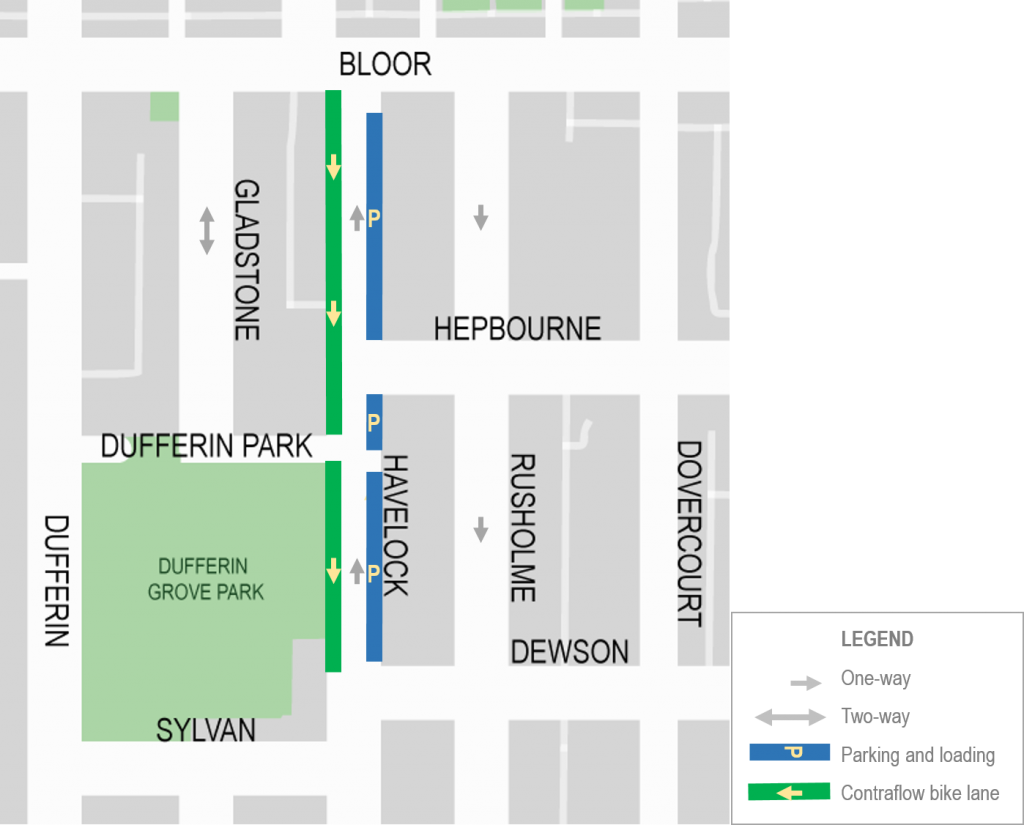 Proposed changes on Havelock Street from Bloor Street to Dewson Street. 
