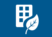 A blue icon showing an apartment building and a plant leaf