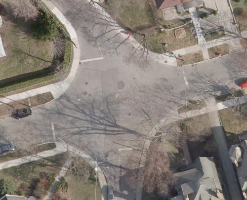 Aerial image of High Park Blvd and Indian Rd before geometric safety modification