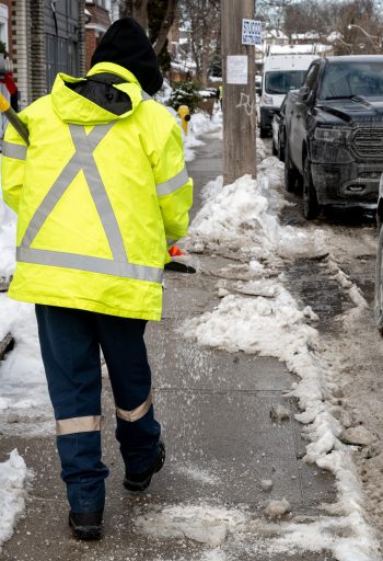 City staff salt sidewalk by hand.