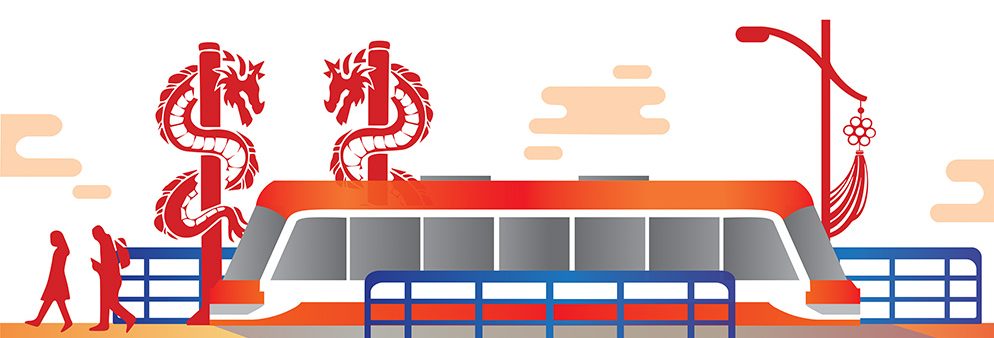 Vector illustration of 2 people walking past a streetcar, with red poles and dragons wrapped around them.