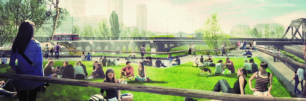 Artist rendering of the new Lower Garrison Creek Park which illustrates an area with open green lawn space surrounded by pathways with the Bathurst Street Bridge in the background.