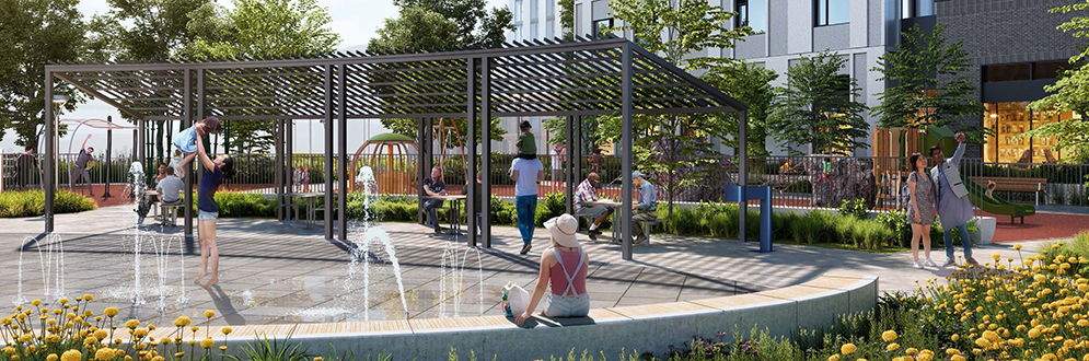 This is a 3D view of the Park from the plaza. It illustrates the water jet and the game tables with planting and a seat wall around it. People can be seen playing games and strolling around the plaza.