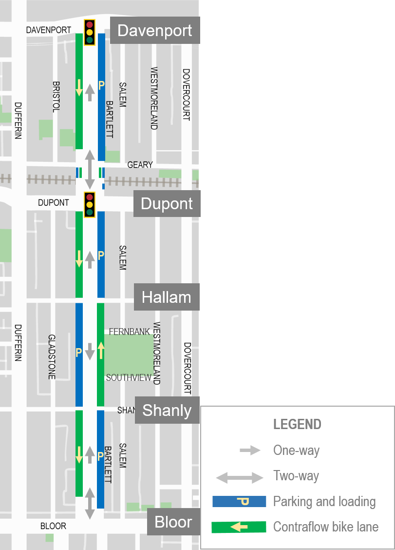 Map of proposed changes on Bartlett Avenue from Davenport Road to Bloor Street.