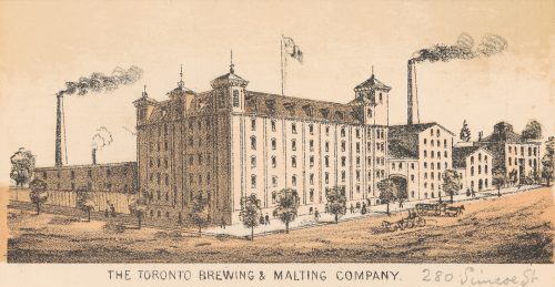 Illustration of brewery buildings