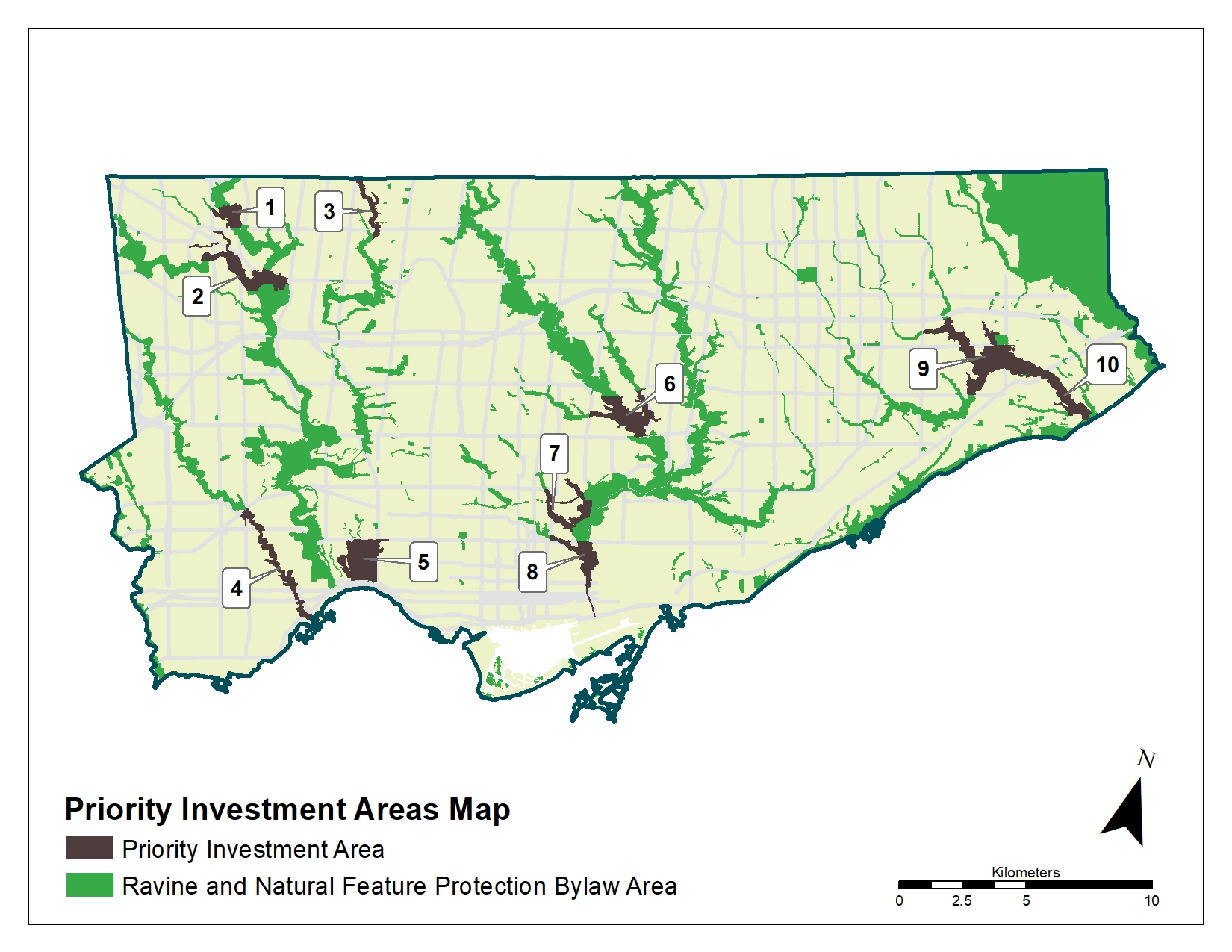 Map of Toronto showing the location of the ten Ravine Strategy Priority Investment Areas. The areas are numbered, and described further following the image. This image also shows the areas protected by the Ravine By-Law. 