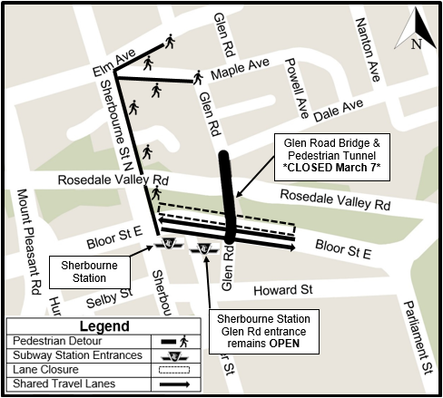 Map of Work area, indicating pedestrian detours, subway station entrances, lane closures and shared travel lanes. Please contact Michael Vieira at michael.vieira3@toronto.ca for more information.