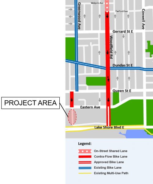 Map showing the location of the proposed two-way cycle track, which is Knox Avenue, between Eastern Avenue and Lake Shore Boulevard East.