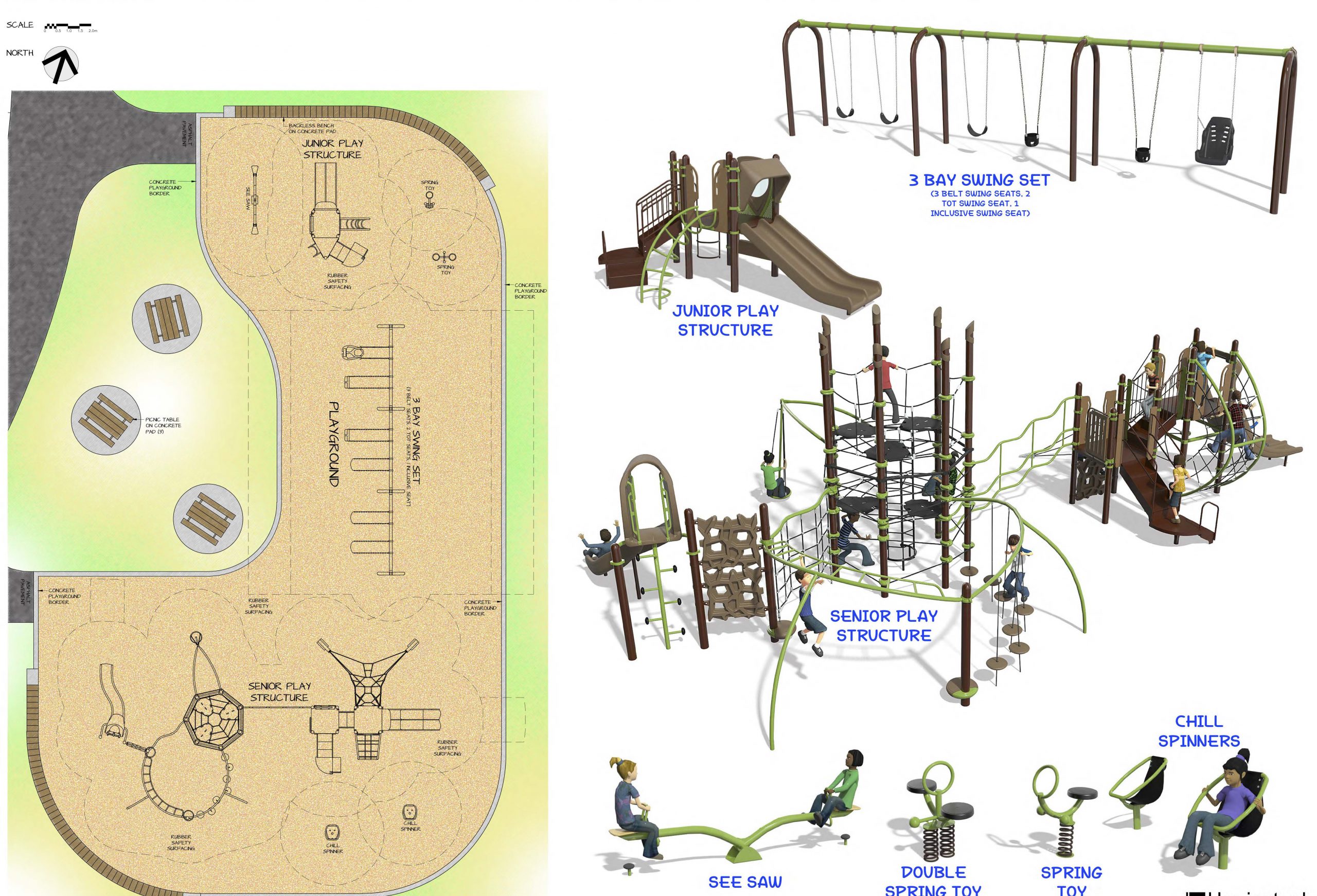 The playground is situated in the eastern area of the park, setback from the property boundaries to preserve existing trees. There is lawn space north and west of the playground for leisure activities and casual play. A picnic area is integrated with the playground for family enjoyment. Play equipment is provided for age groups 2 -5 and for 5 – 12 years old. The playground incorporates accessible play opportunities, and includes a rubber surface. The wading pool is removed from this area. A splash pad feature was not supported in the survey, and has not been provided.