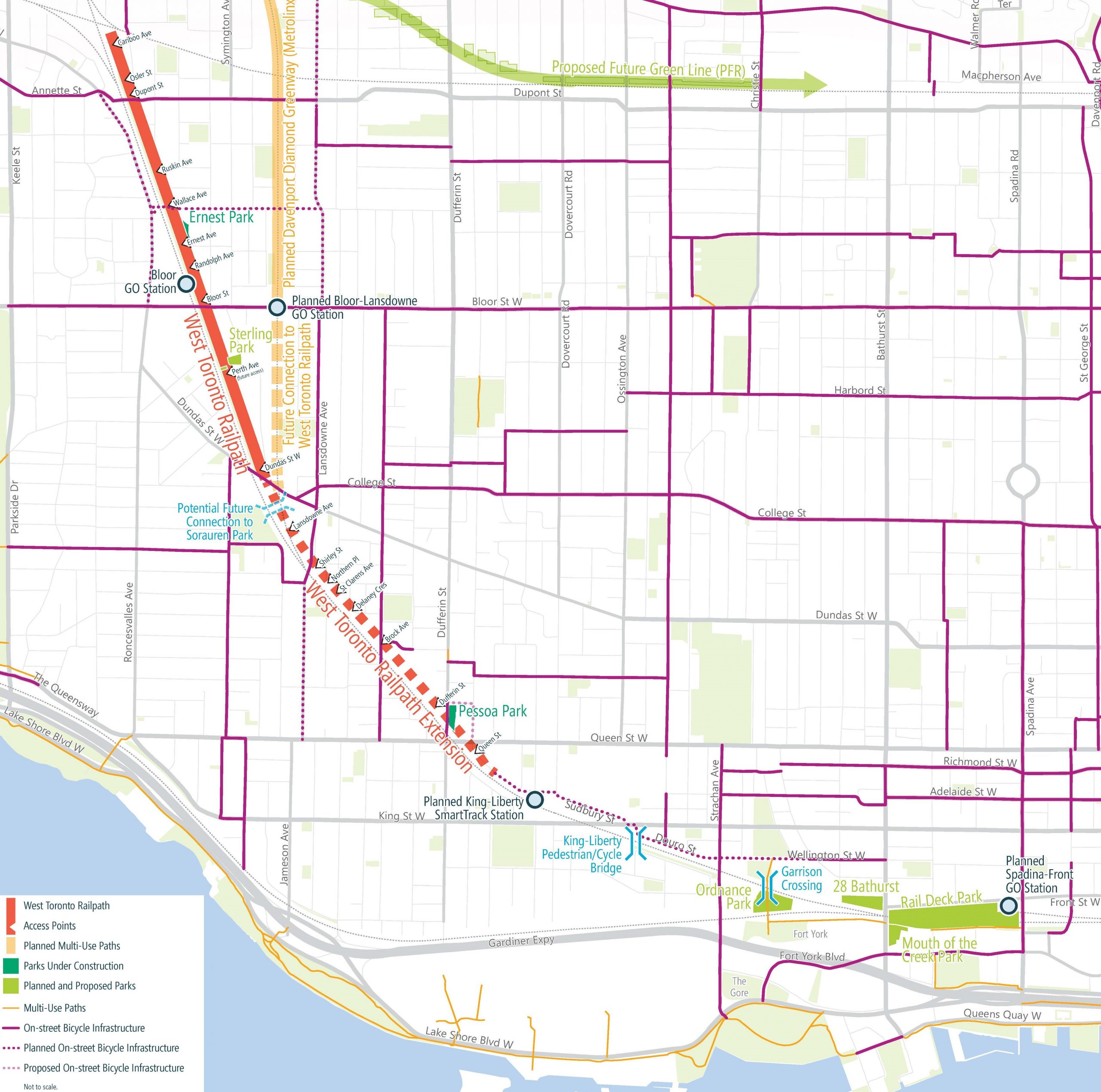 Map of the West Toronto Railpath Extension project area. Please contact the Project Team at cycling@toronto.ca or 416-202-6911 for more information.