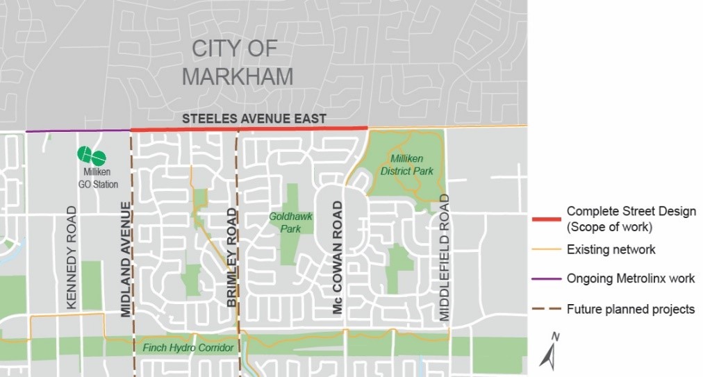 Map of project area, Steeles Avenue East Complete Street from Midland Avenue to McCowan Road