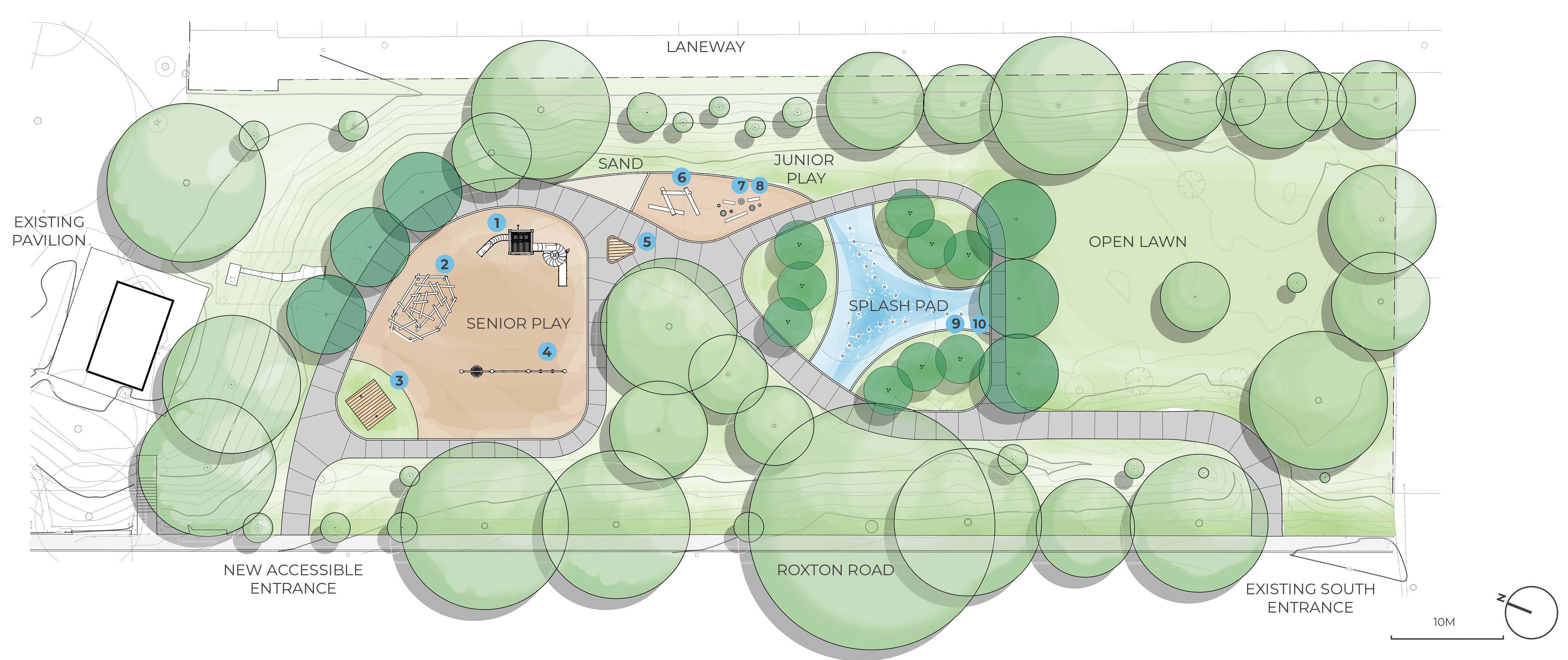 The plan for the Fred Hamilton Park improvements, which outlines the location of the open lawn (south side of park), splash pad (centre of park), junior play area (beside splash pad), senior play area (north side of park) and a new park entrance at the north side of the park that connects to Roxton Road. The pathway system throughout the park connects the north and south park entrances, with a pathway loop around the senior play area and splash pad. 