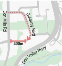 Map of Overlea Boulevard where Gateway Blvd meets Don Mills Rd