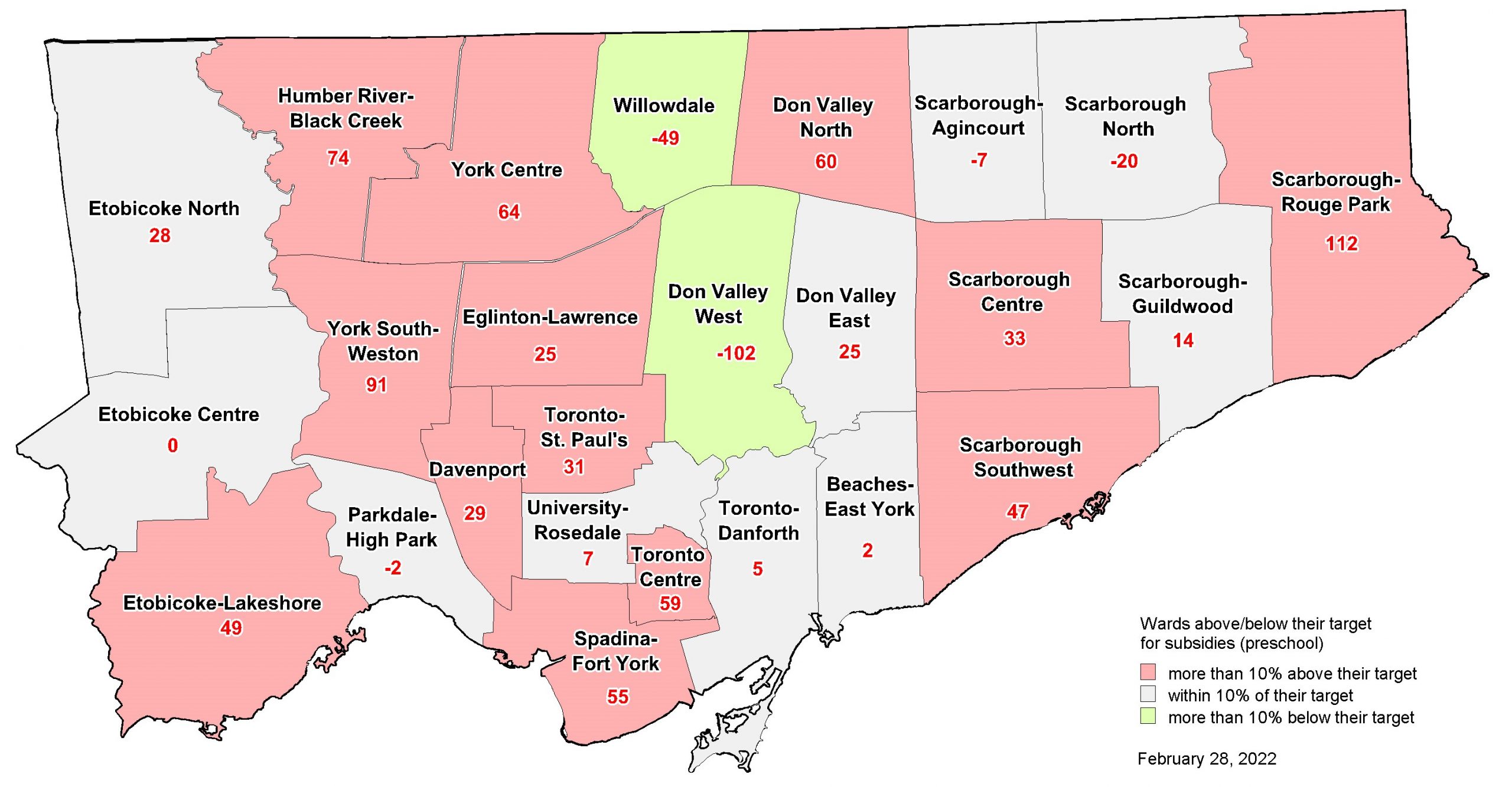 Map showing which wards are above, below or at their target number of subsidized preschool children. The data for this map can be found under the header - The Data Behind the Maps.