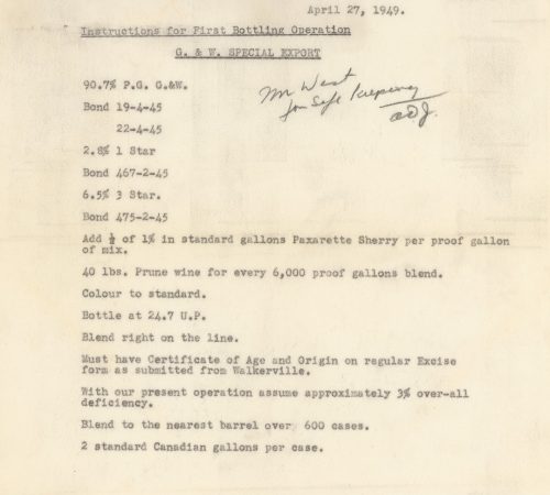 Typewritten blending instructions for whisky