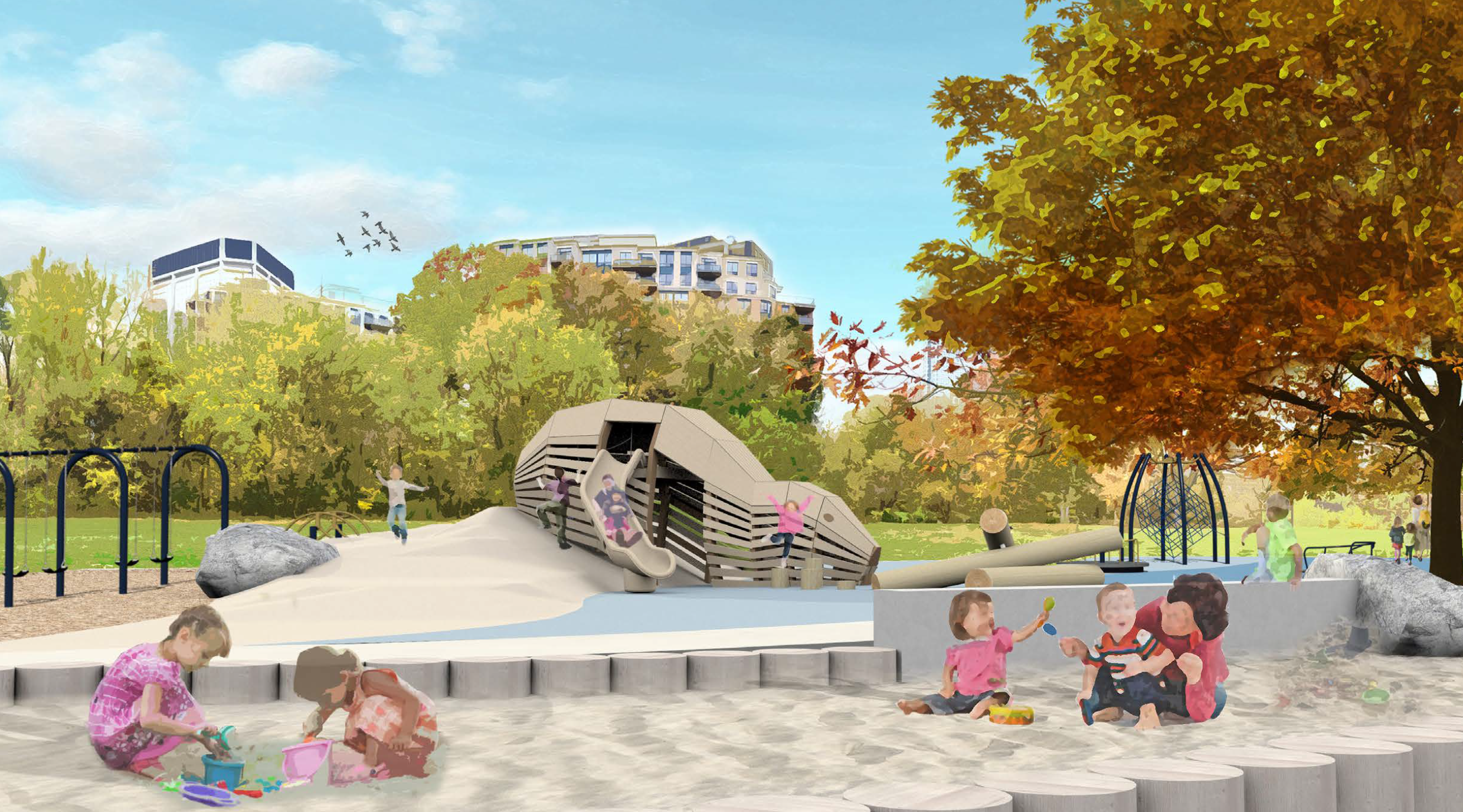 A view from the north east of the final design for the new Tom Riley Park Playground, which has been refined based on community feedback. It will be beaver themed and include the play features listed below.