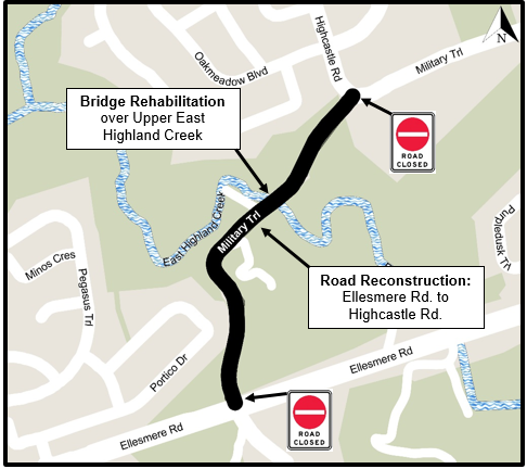 Map of construction area displaying bridge rehabilitation over Upper East Highland Creek and road reconstruction from Ellesmere Road to Highcastle Road. Road will be closed from Ellesmere Road to Highcastle Road.