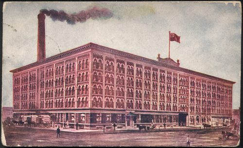 Postcard illustration of biscuit factory