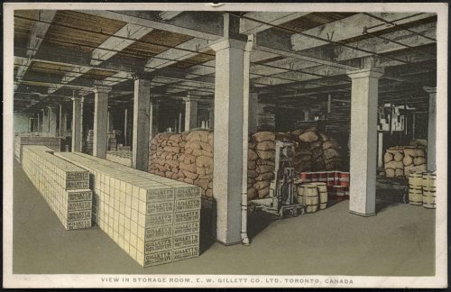 Postcard of storage room at E.W. Gillett Co. Ltd. factory