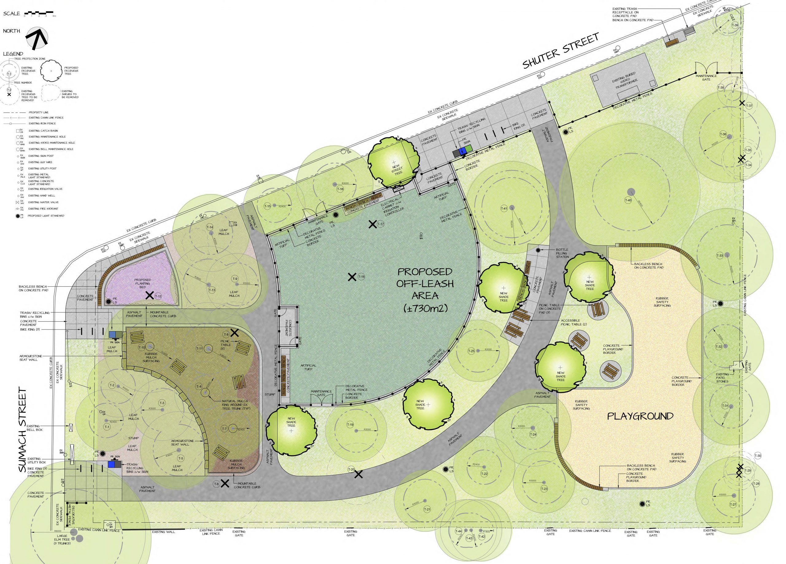 The new park design integrates the dogs off-leash area into the central area of the park, situated closer to the street and totally enclosed with 1.5 m height fencing. The playground is located in the eastern area of the park, which includes a picnic area for family enjoyment. The western end of the park provides additional seating and picnic area to encourage more visitation from patrons of nearby cafes and eating establishments, and to support local children's day programs. In general, views into and within the park have been enhanced, and more entrances into the park have been provided. Park lighting will be greatly improved.
