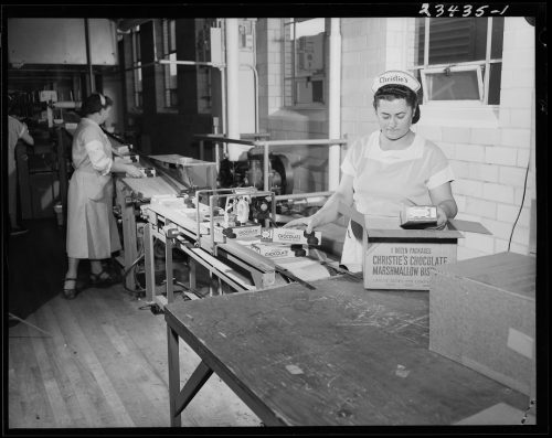 Photograph of staff operating machinery at biscuit factory