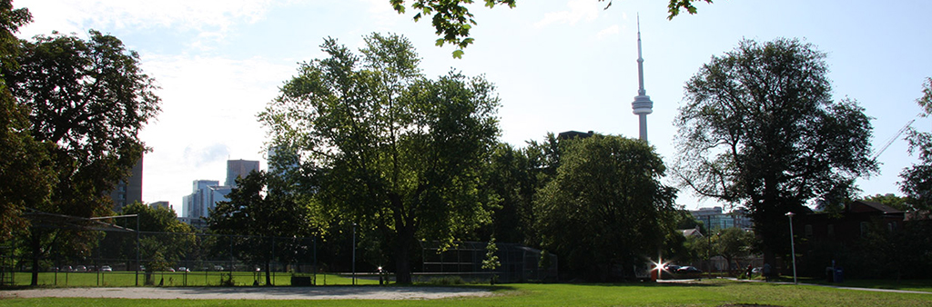 A photograph of Alexandra Park taken on a sunny day. An open law area and ball diamond are in the foreground, with mature trees and the CN Tower in the background.