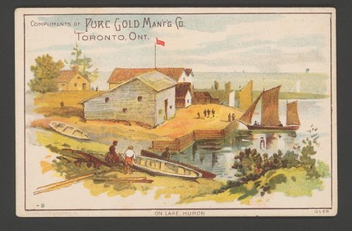 Coloured advertising card depicting painting of boathouses on Lake Huron