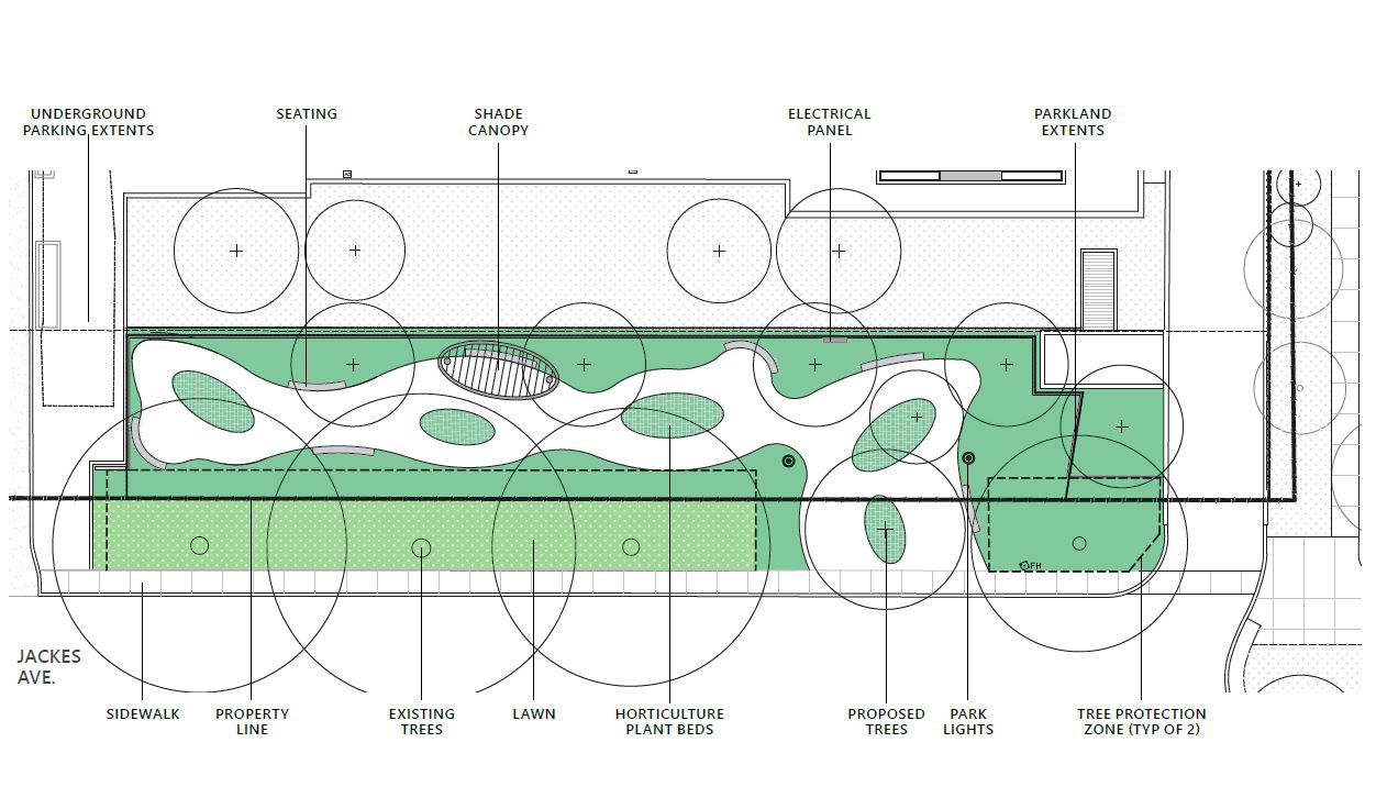 Design option A for the new park at Jackes Avenue, which will include a shade structure, informal and formal seating opportunities, new planting areas, and more. This design follows a more winding and curvilinear form. A full description follows the image. 