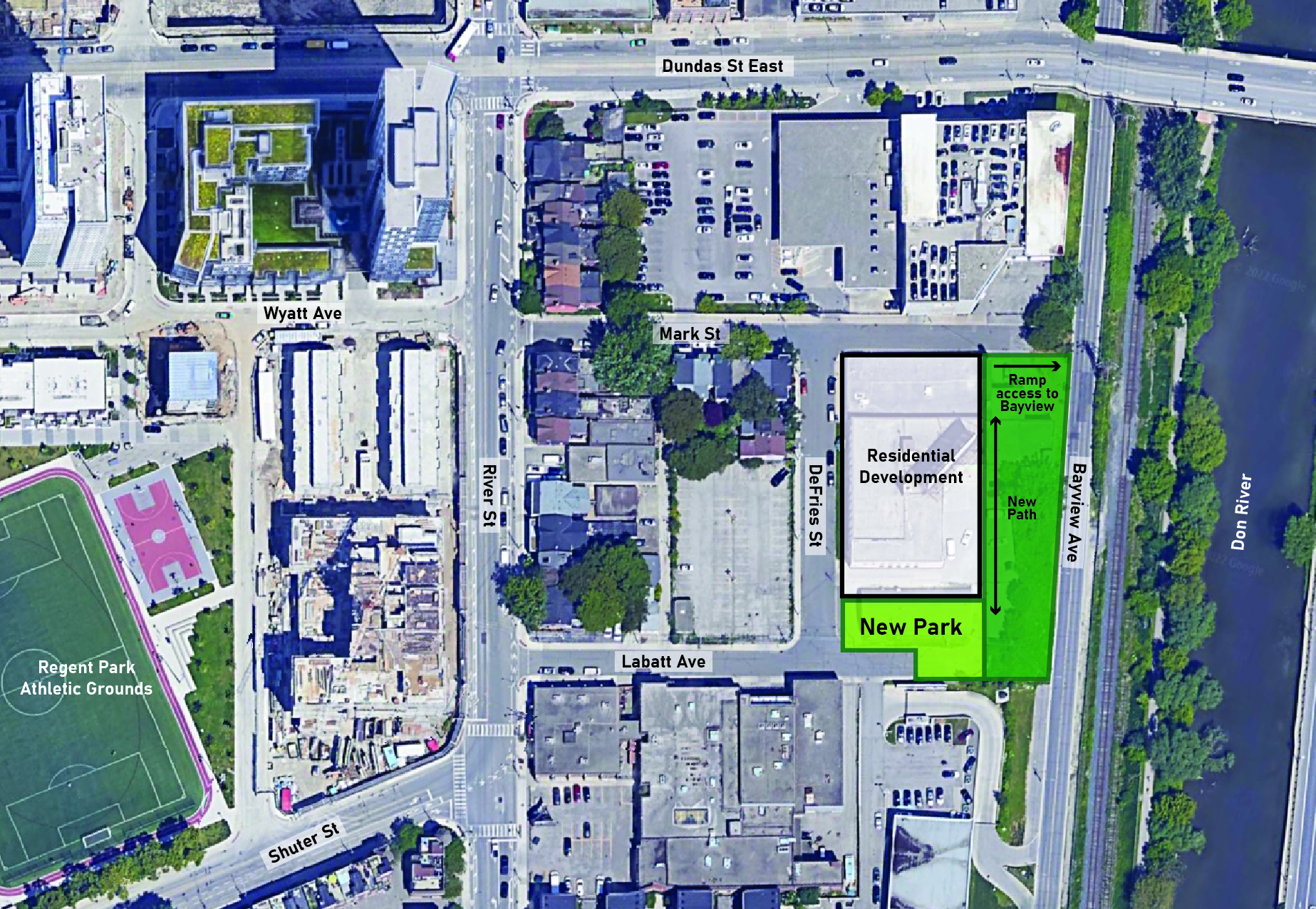 An aerial map showing the location of the new park in light green, which is bounded by residential development to the north, DeFries Street to the west, Labatt Ave to the south, and open space to the east. The location of a new path parallel to Bayview Avenue is show in dark green. 