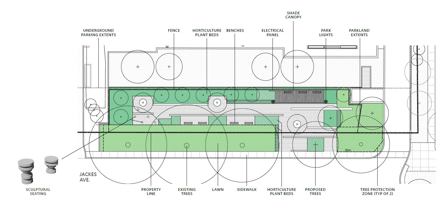 Design option A for the new park at Jackes Avenue, which will include a shade structure, informal and formal seating opportunities, new planting areas, and more. This design follows a more linear and organized form. A full description follows the image.