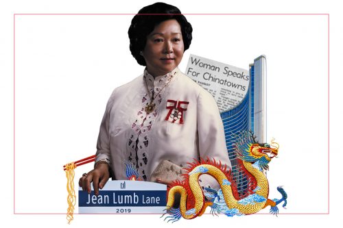 Collage of a portrait of Jean Lumb surrounded by street sign Jean Lumb Lane, a dragon, a tower of Toronto City Hall, a newspaper clipping Woman Speaks for Chinatown, and chopsticks with noodles
