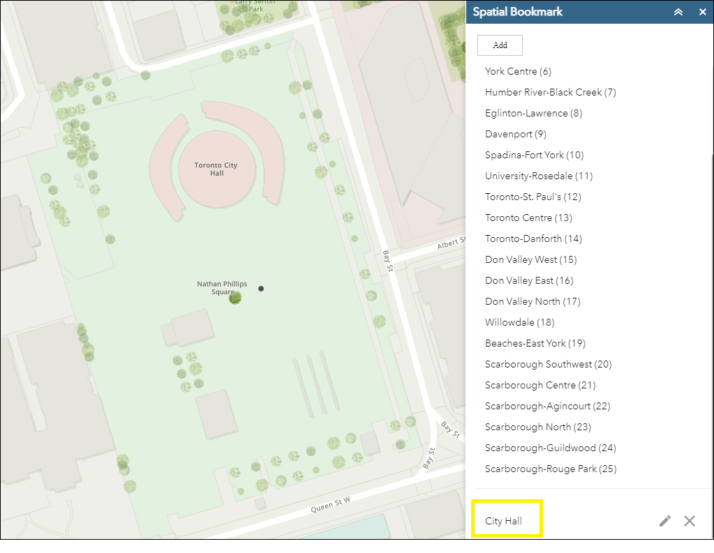 Display of the Spatial Bookmark menu listing ward names with the map zoomed to City Hall and a new bookmark being added called "City Hall"