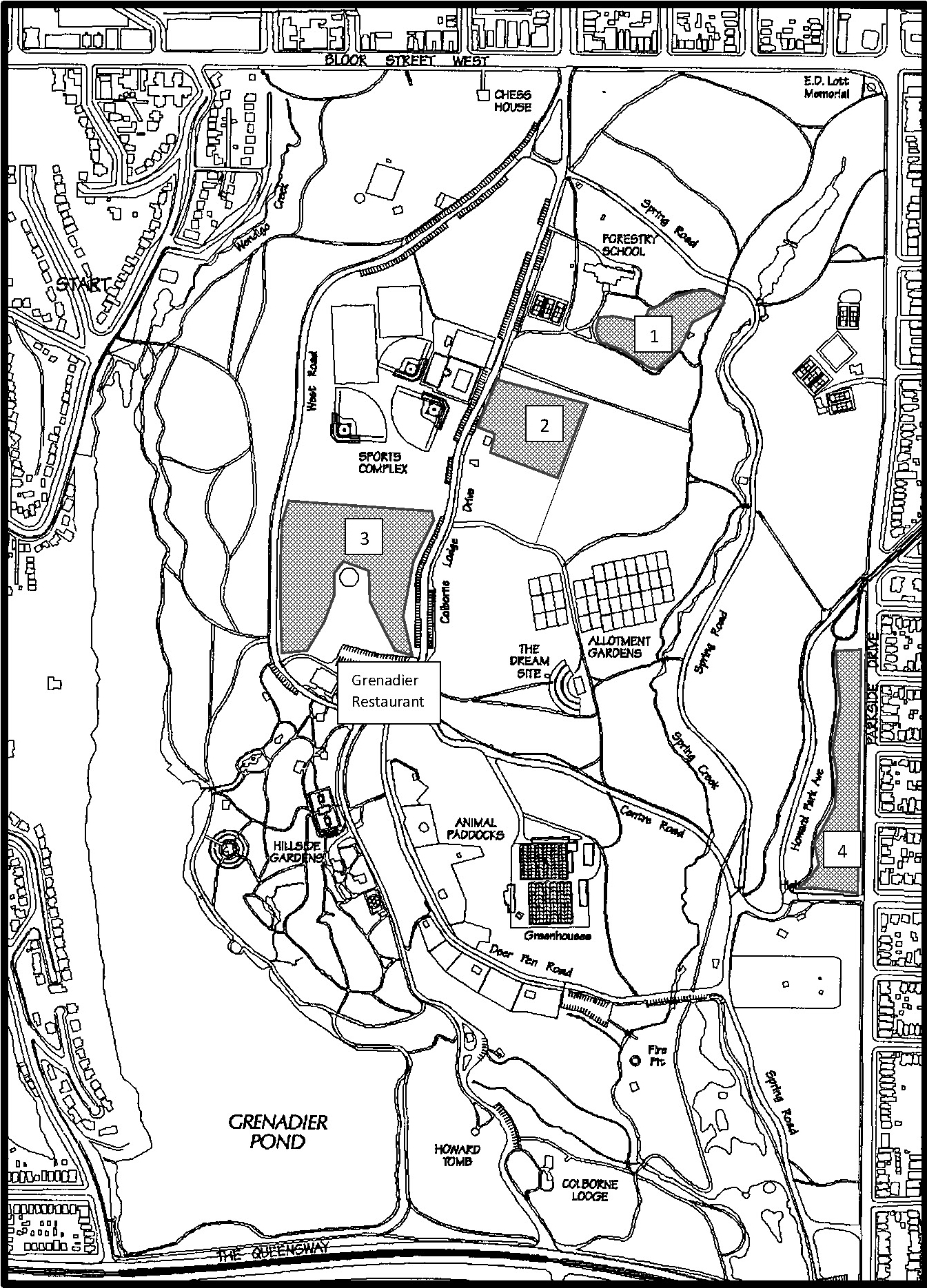 Map of High Park showing four prescribed burn sites for 2022: two sites located south of the Forestry School; one site located south of the Sports Complex just north of Grenadier Restaurant; and one site on the east side of the park, south of the Parkside Drive park entrance between Howard Park Avenue and Parkside Drive.