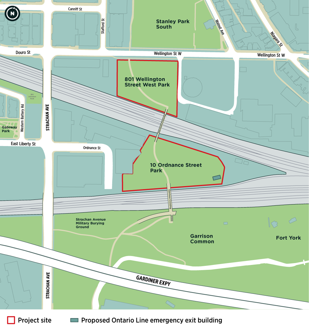 A map showing the project site in red, with the new park at 801 Wellington Street West shown on the north side of the Garrison Crossing bridge and the new park at 10 Ordnance Street to the south side of the bridge. The Metrolinx construction area is shown with red hash marks on the east side of the new park at 10 Ordnance Street. 