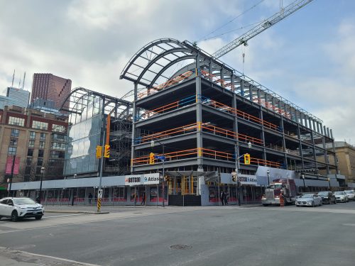 View of the North St. Lawrence Market structure from Front Street and Jarvis Street.