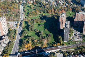 Aerial photograph of the City's Dentonia Golf Course. Visible is the course itself, surrounding trees and roadways.