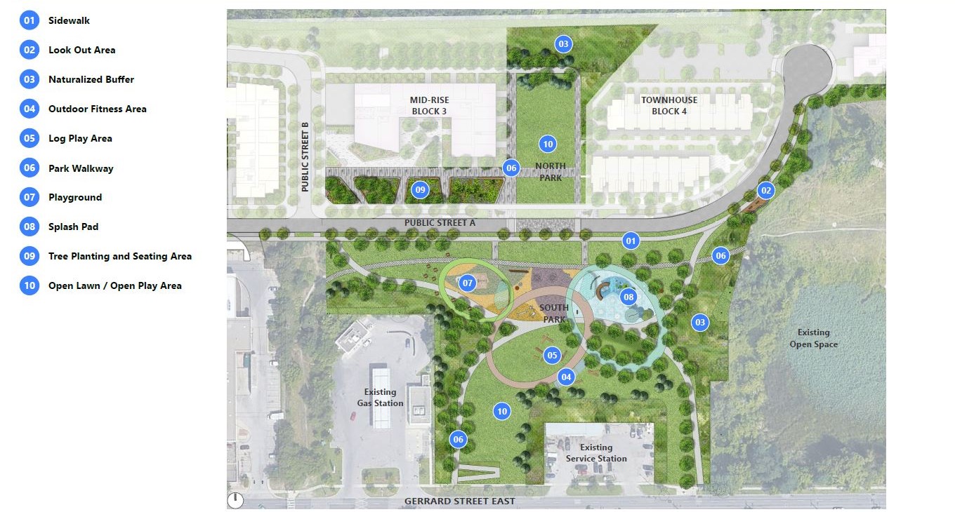 An image of the proposed design plan for the new park at 411 Victoria Park Avenue which illustrates the location of each feature and amenity, as listed below. 