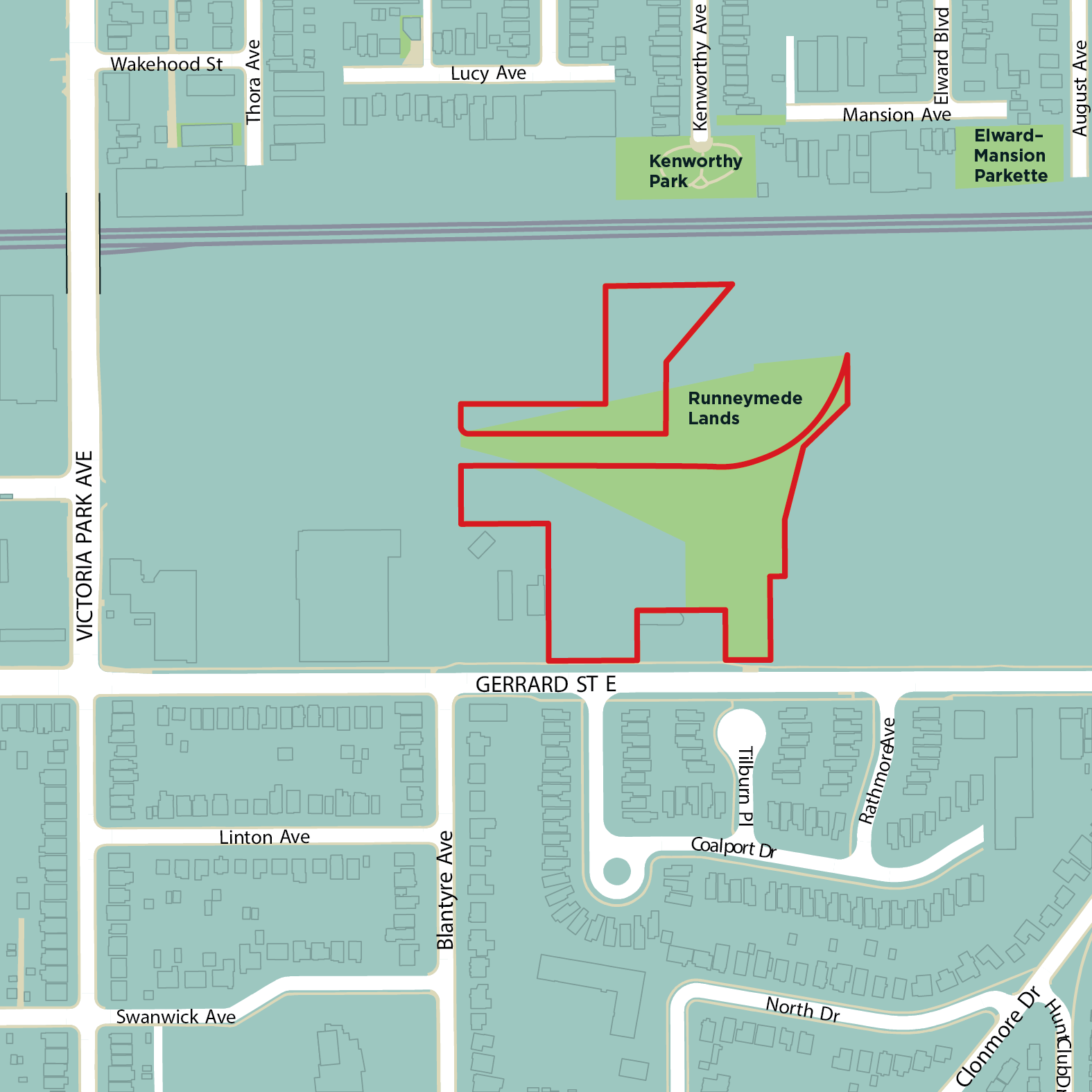 Aerial map showing the location of the new park at Victoria Park Avenue, located east of Victoria Park and north of Gerrard Street East. Red lines are drawn around the north and south areas of the park.