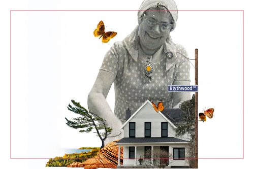 College of black and white portrait of Verna Patronella Johnston surrounded by butterflies, a lamppost with Blythwood Road street sign, a boarding house and landscape