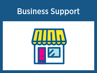 Business Support: an illustration of a commercial building with yellow awning and a pink door