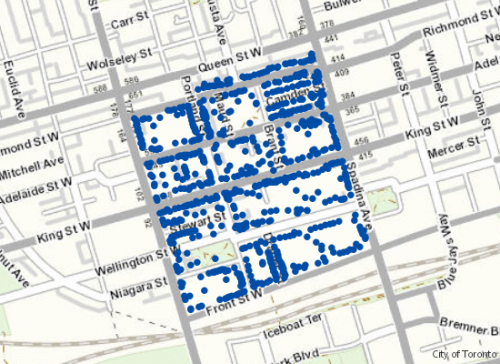 A map of the proposed expansion of the Toronto Downtown West Business Improvement Area (BIA) to include the area bounded by Richmond Street West (both sides) to the north, Spadina Avenue to the east, Front Street West to the south, and Bathurst Street to the west.