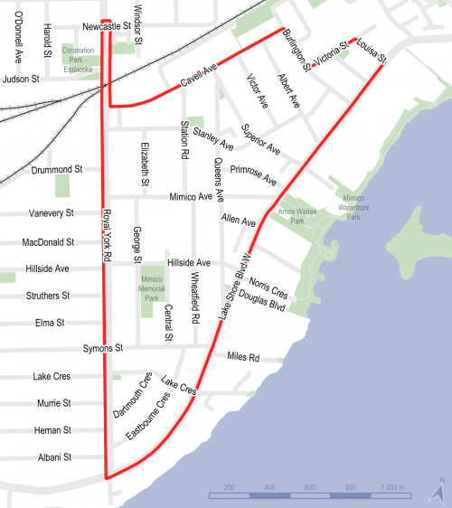map of project area between Royal York Road to the west, Cavell Avenue/Burlington Street/Victoria Street to the north, Louisa Street to the east, and Lake Shore Boulevard West to the south.