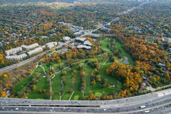 Aerial photograph of the City's Don Valley Golf Course. Visible is the course itself, surrounding trees and roadways.