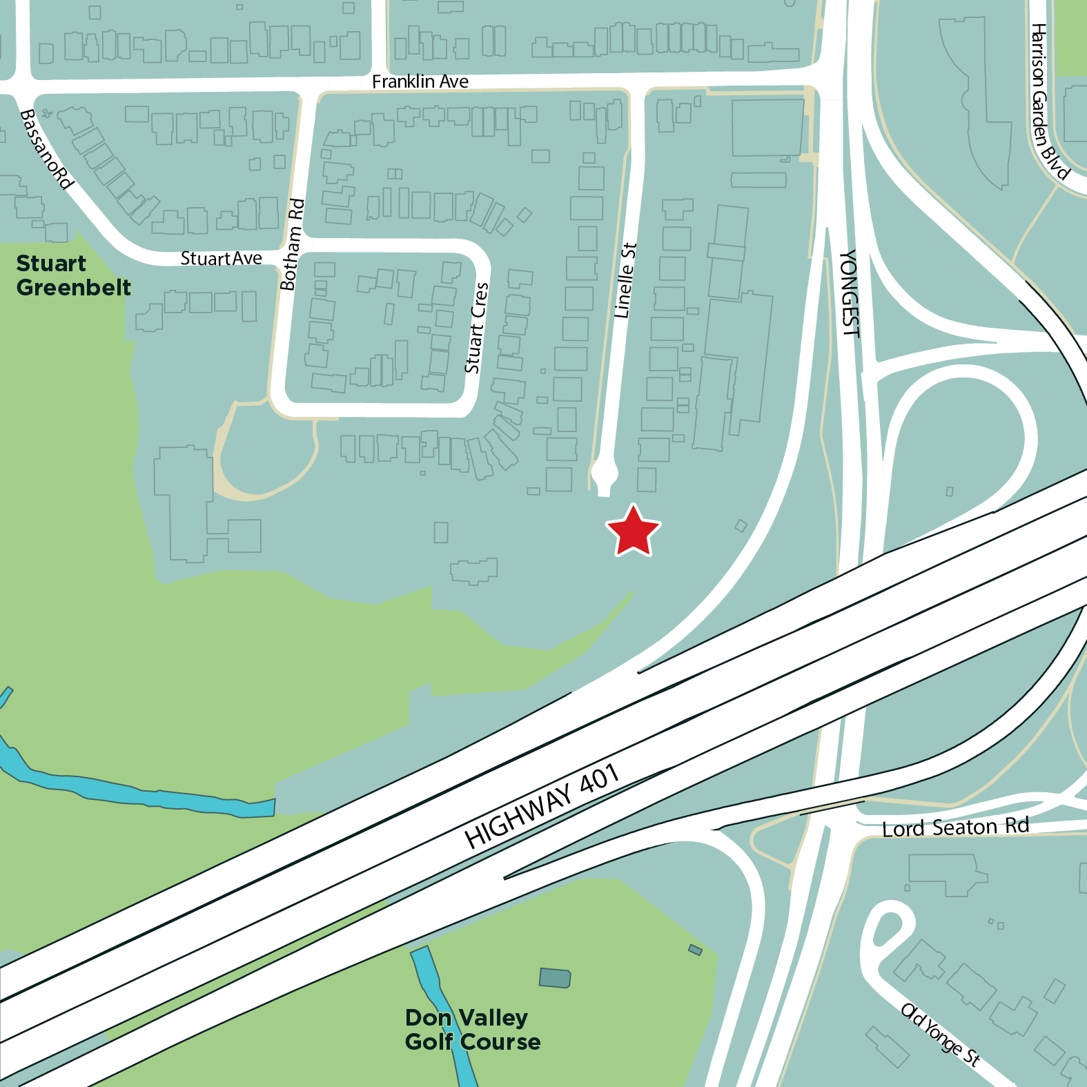 Aerial map showing the location of the new park at 57 Linelle Street, west of Yonge Street and north of Highway 401. A red star indicates where the new park will be located. 