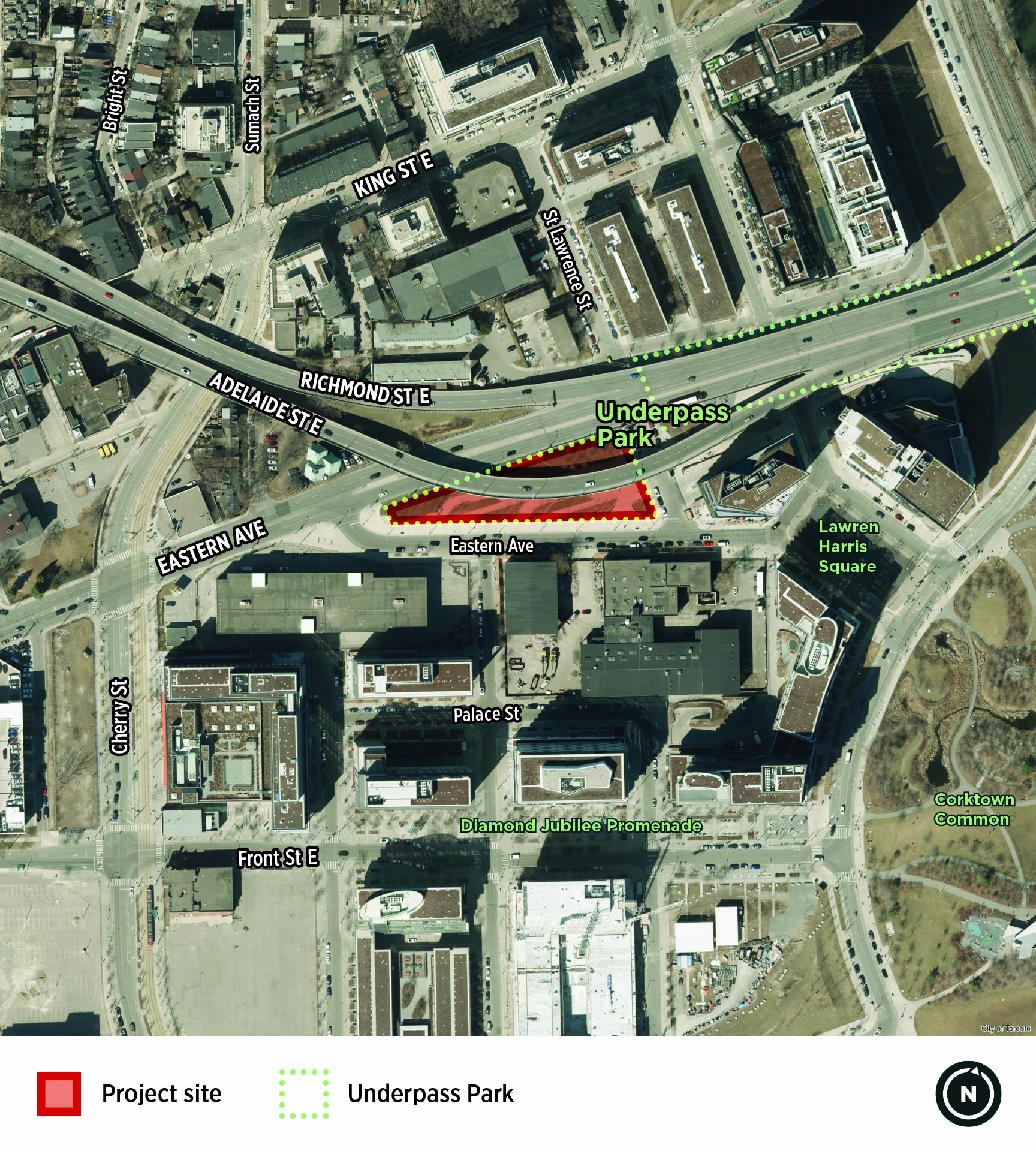 An aerial map showing Underpass Park in red and the area surrounding the park. The park borders Eastern Avenue and is located below an underpass (Adelaide Street East). 